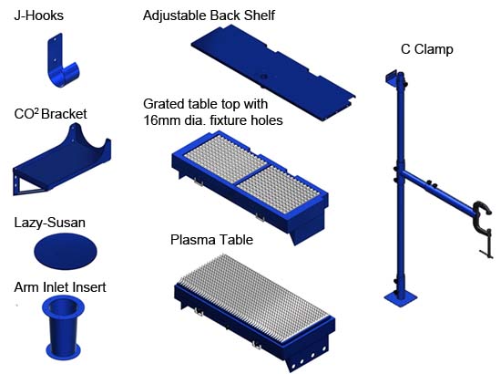 j hooks, co2 bracket, lazy susan, arm inlet, c-clamps